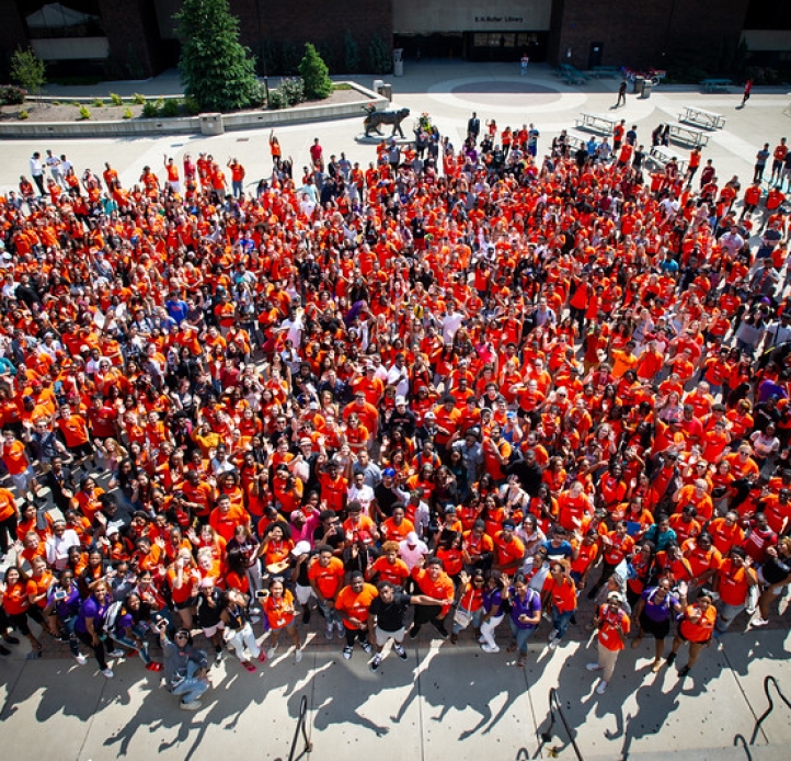 Aerial view of large student group